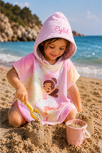 minilee children's happiness Balerin - İsimli Kız Çocuk Kapşonlu Panço Havlu – Deniz, Havuz ve Banyo Bornoz Pançosu 2-8 Yaş