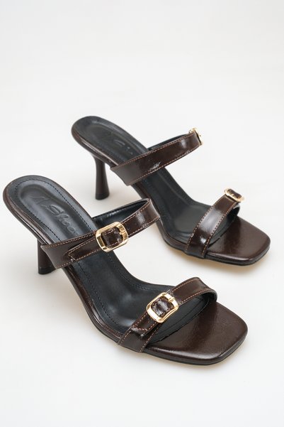 CalzatureM Coffee-Colored Wrinkled Double-Buckle Blunt-Toe Heeled Slippers Evening Dress Shoes