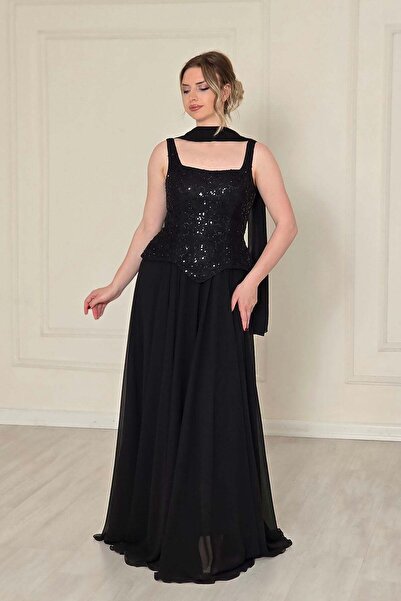 Yonca Moda Evi Siyah Şifon Dantelli Abiye 2752