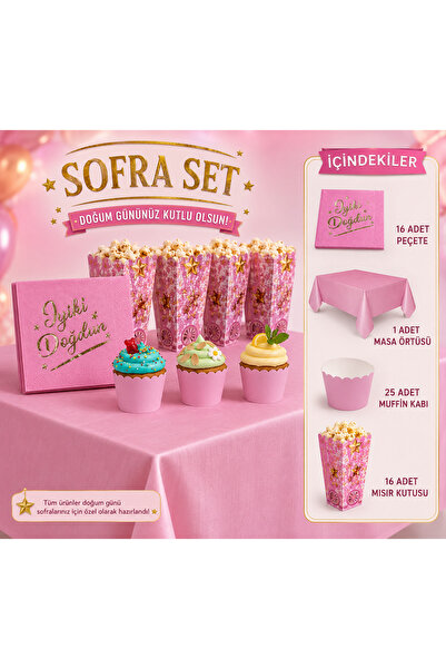 Dizayn Parti Evi Pembe Gold Doğum Günü Sofra Seti 16 Kişilik Peçete Masa Örtü...