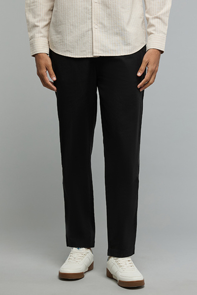 R&B Solid Tapered Fit Pants with Drawstring Waist