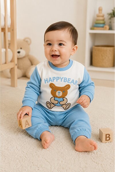 Pure Boutique Compleu bebe baiat albastru happy bear 2 piese, bluza si pantal...