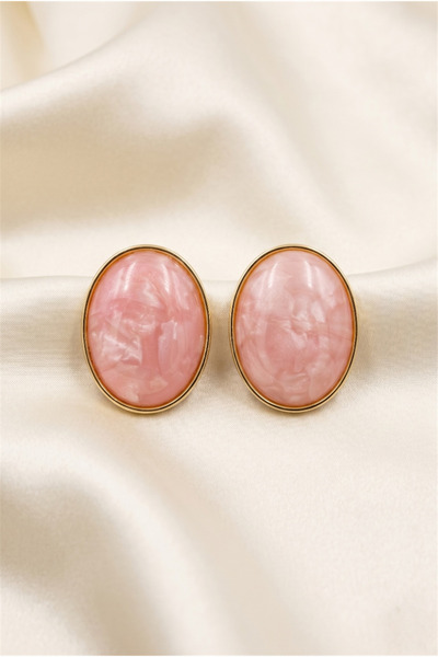 Pelin Aksesuar Powder Pink Marble Patterned Gold Color Framed Oval Nail Earrings
