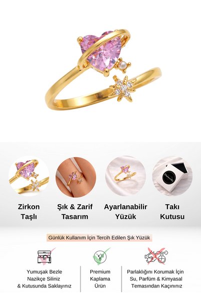 Duiwerlis Women's Heart Stone Star Detailed Adjustable Gold Color Romantic Ring Lover Gift