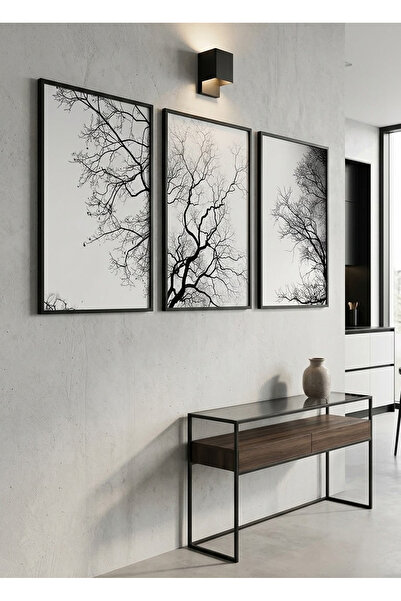 Linacci Minimalist Black and White Tree Themed Metal Framed Glass 3-Piece Wal...