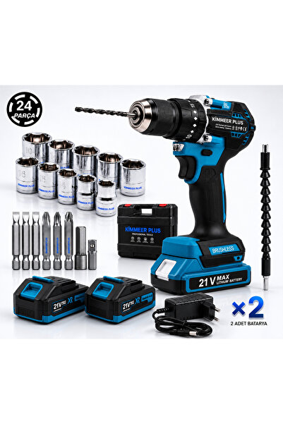 KİMMEER PLUS 21 V 5 PİLLİ ÇİFT AKÜLÜ KÖMÜRSÜZ ÇELİK MANDREN DARBELİ MATKAP