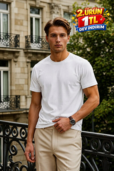 DAMGA JEANS Men's Relax Fit Short Sleeve 100% Cotton White T-Shirt