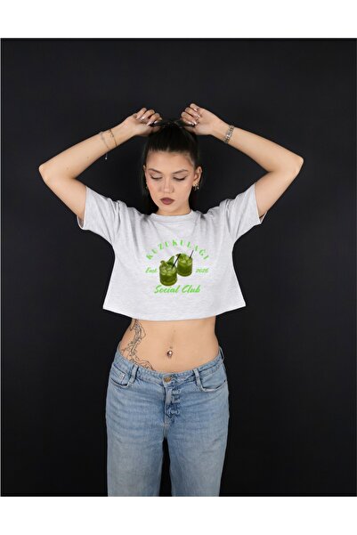 Krays Kuzukulağı Social Club Printed Cotton Combed Women's Crop T-Shirt - Sum...