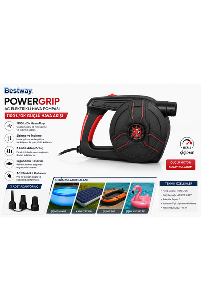 BESTWAY PowerGrip AC Elektrikli Hava Pompası 1100 L/Dk Şişirme ve İndirme Öze...