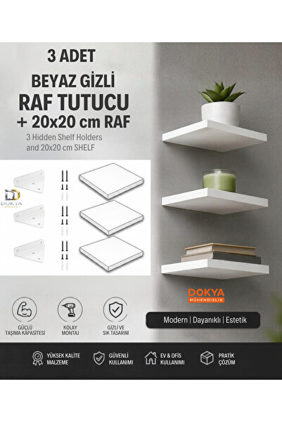 dokya dizayn 3 Adet Gizli Raf Tutucu ve 20x20 cm Beyaz Duvar Rafı Seti | Deko...