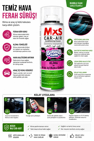 MxS Araç Klima Koku Giderici Klima Temizleyici Bubble Gum Aromalı