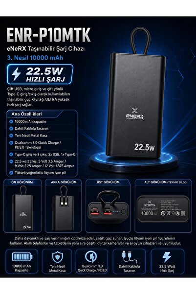 ENERX ENR-P10MTK Powerbank 10000 Mah 22.5W Hızlı Şarj, Dahili Type-C Kablolu ...