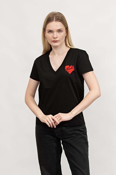 Karl Lagerfeld Kadın V Yaka T-Shirt Siyah