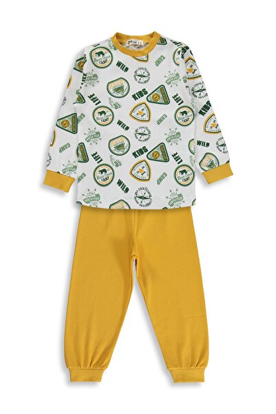 Civil Boys Kids Coat of Arms Printed Pajama Set for 2-5 Years - Mustard