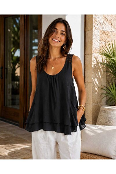 Butik Şans Women's Zero Sleeve Back Detailed Lined Italian Viscose Blouse