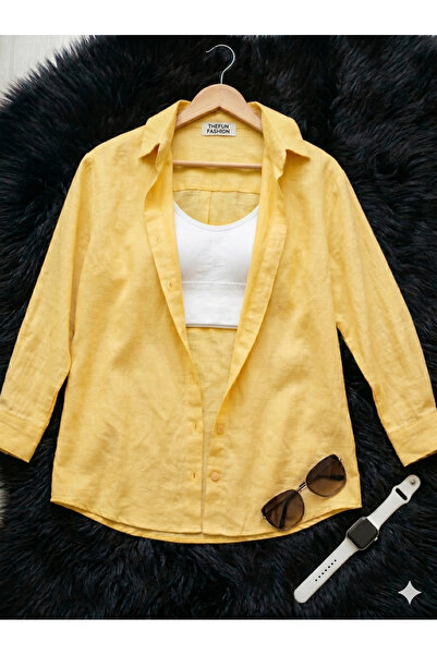 thefun fashion Women's Oversize Cut Woven Linen Long Sleeve Yellow Shirt 100%...