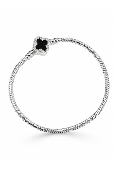 serelya Brass Charm Zircon Stone Clover Model Silver Color Women's Bracelet