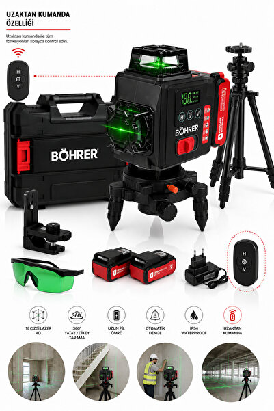 BÖHRER 16 Çizgi 4D Şarjlı Lazer Hizalama 360° Yeşil Lazer Uzaktan Kumandalı T...