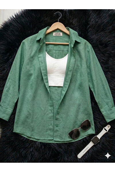 thefun fashion Women's Oversize Cut Woven Linen Long Sleeve Green Shirt 100% ...