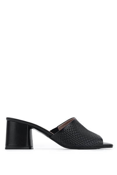 Tamer Tanca Women's Genuine Leather Black Heeled Slippers