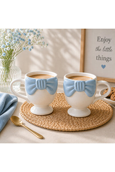 ARVALE 2 Pieces of Ceramic Coffee and Tea Cups with Blue Bow Detail on the Foot