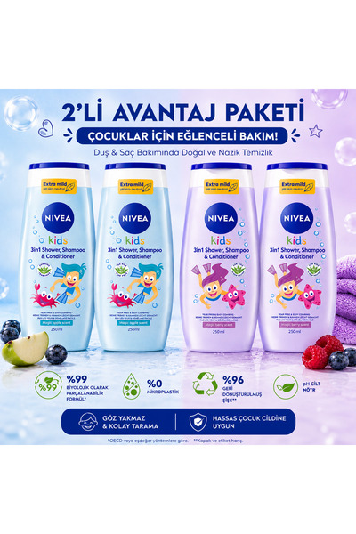 NIVEA Kids 3'ü 1 Arada Duş Jeli, Şampuan ve Saç Kremi Seti 250 ml + 250 ml (M...