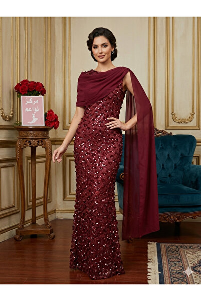 NAWAEIM Luxury Evening Dress Embroidered with Tulle and Draped Chiffon in Bur...