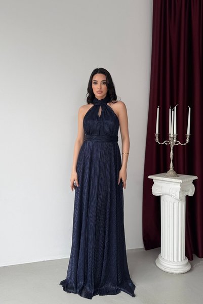 Serica Moda Navy Blue Halter Neck Long Evening Dress with Waist Detail