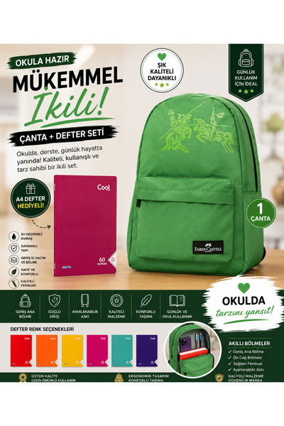 Faber Castell Suya Dayanıklı Yeşil Okul Sırt Çantası + Hediye A4 Cool Defter ...