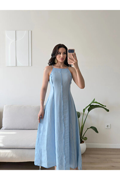 Zoom Butik Askılı Ters Dikiş Keten Elbise - MAVİ