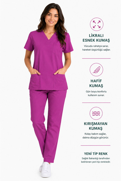 İNCİ ÜNİFORMA Lacivert Likralı Kadın Scrubs Takım Hemşire Doktor Forması V Ya...