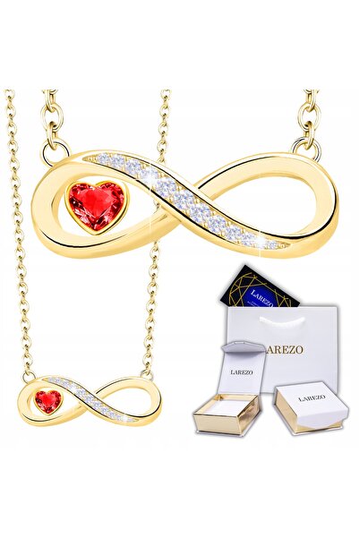 Larezo Colier Din Argint 925 Placat Cu Aur, Pandantiv Infinit Cu Inima Rosu R...