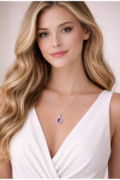 Larezo 925 Silver Necklace, Drop Pendant With Purple Crystal And Zirconia, Id...