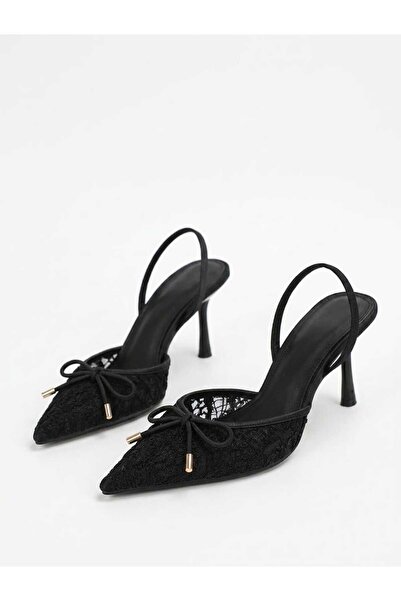 FRZZ Pointed Toe Lace Open Back Bow Evening Dress Women's Heeled Shoes