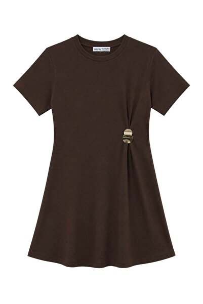 Vadon 1012 Kadın Modal Bisiklet Yaka Drapeli Gold Toka Detaylı Mini Elbise Ka...
