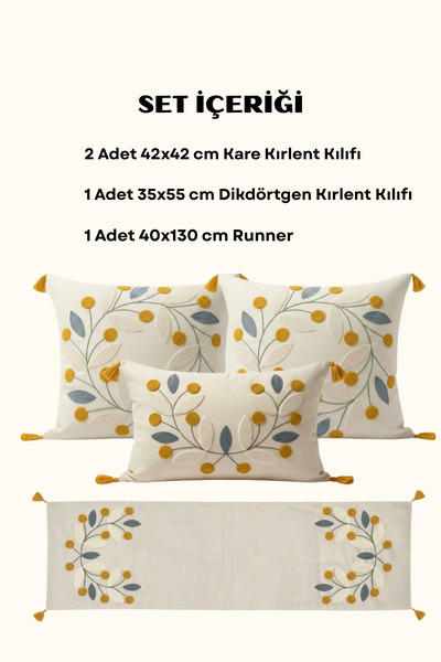 Valmia Home 4'lü Dekoratif Punch Nakışlı Püsküllü Kırlent Kılıfı ve Runner Se...