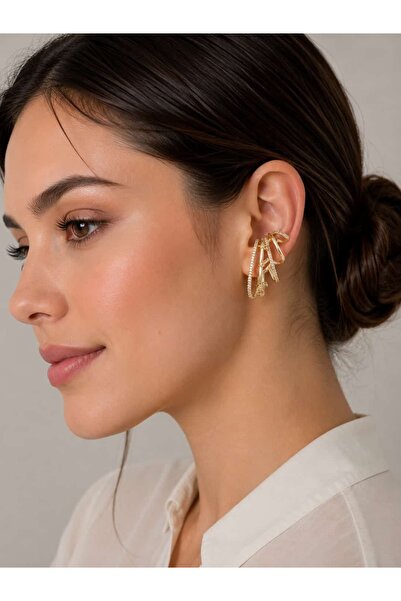 TAKI MİLA Zirkon Taş Detaylı Gold Earcuff Çelik Küpe