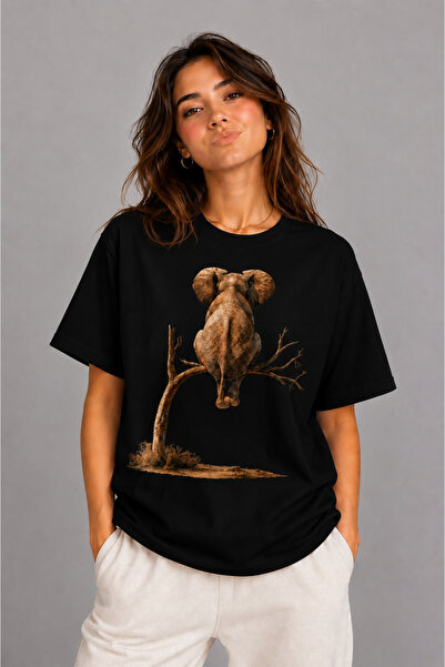 VODEXA Women's Oversize T-Shirt Elephant in the Brush Printed 100% Cotton T-S...