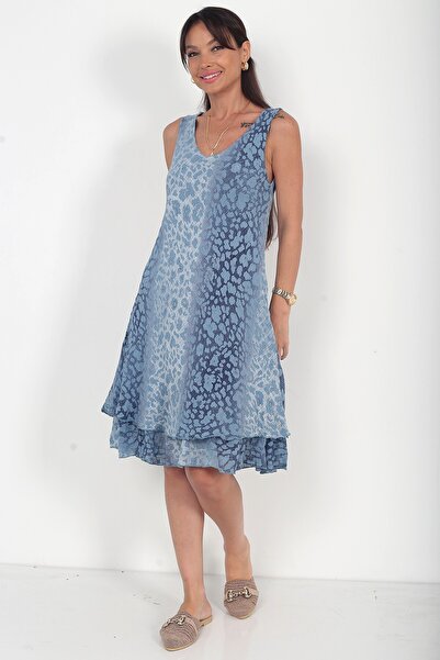 By Saygı Kadın İtalyan Cotton Leopar Desenli Astarlı Sıfır Kol Midi Elbise