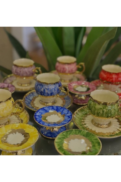 BY.RAYKA PORSELEN El Dekor Nurancamix Porcelain Painting 6-Piece Cup and 6-Pi...