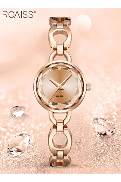 ROAISS Women's Skeletonized Bracelet Quartz Watch Round Rose Gold Dial Rhines...
