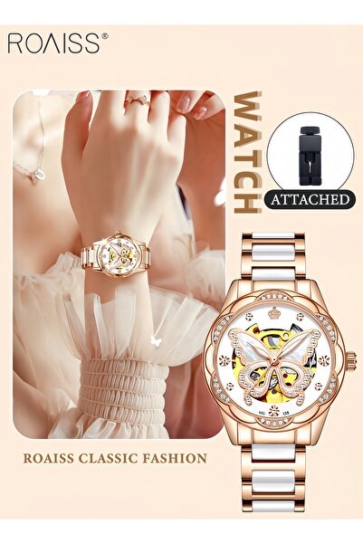 ROAISS Women's Mechanical Watch with Ceramic Strap Round Dial Hollow Butterfl...