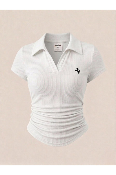 BALİNA Beyaz Polo Yaka Fitilli Premium Bluz