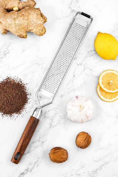 Destpak Long Hand Grater with Acacia Handle - Professional 304 Quality Stainless Steel - Extra Thick - Extra Sharp with Non-Slip Pad