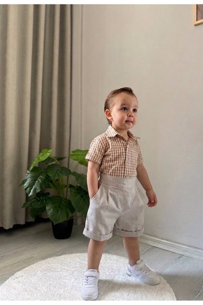 favorimkids Cream Gray Baby Boy Children's Suit with Gingham Shirt Special Day Combination