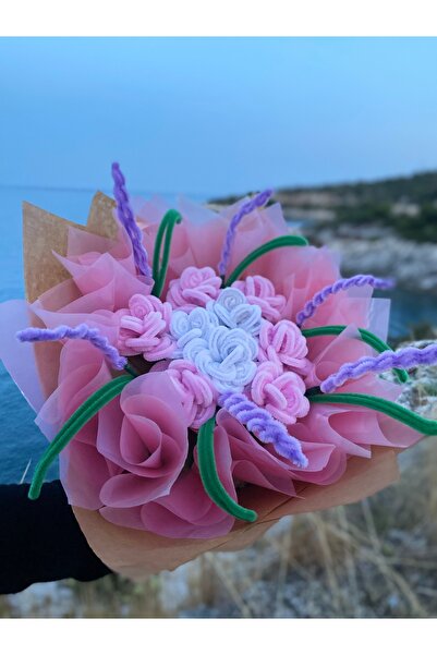 TrendBuket El Yapımı Pembe Şönil Çiçek Buketi | Kalıcı Dekoratif Hediye Buketi