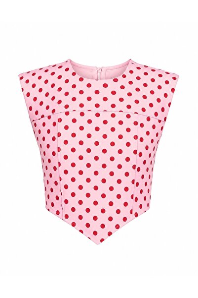 QUSTYLE Polka Dot Crop Fitted Blouse