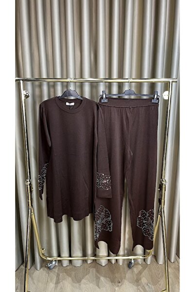 NPRIVE Kadın Soğuk İp Merserize Triko Boncuk İşlemeli Tunik Pantolon Takım