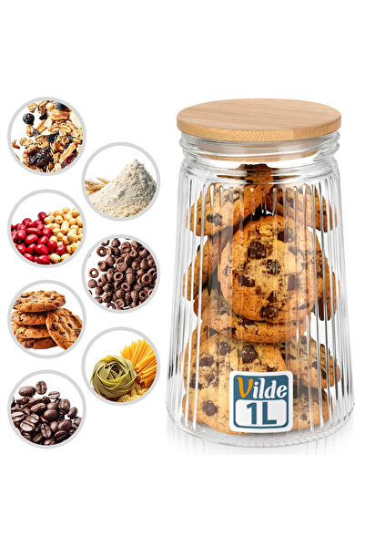 Vilde Recipient Produse Vrac, 1 L, 9.5x11x18 cm, Sticla, Capac Lemn Cu Garnitura