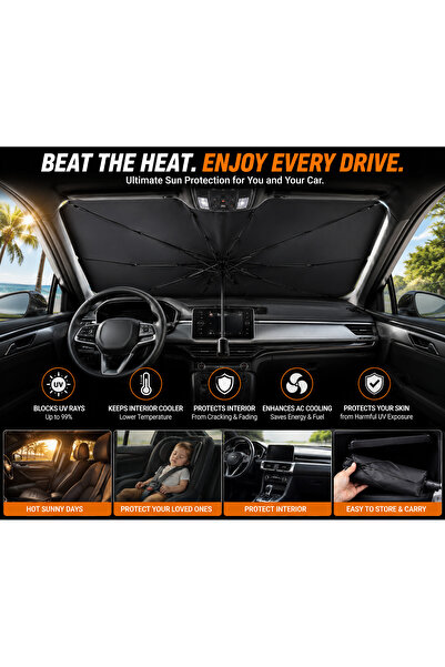 Alayjah Car UV Reflective Windshield Sunshade Umbrella 140 x 80 cm, Foldable Front Window Sun Shade, Heat & UV Protection, Interior Cooling, Universal Fit with Storage Pouch